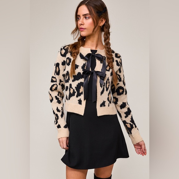 Leopard Print Bow Tie Cardigan